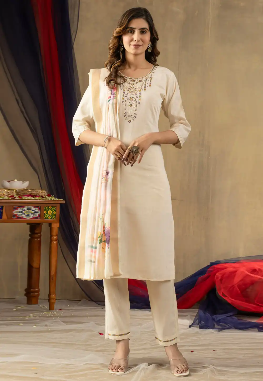 Cream Shimmer Readymade Pakistani Suit 321400