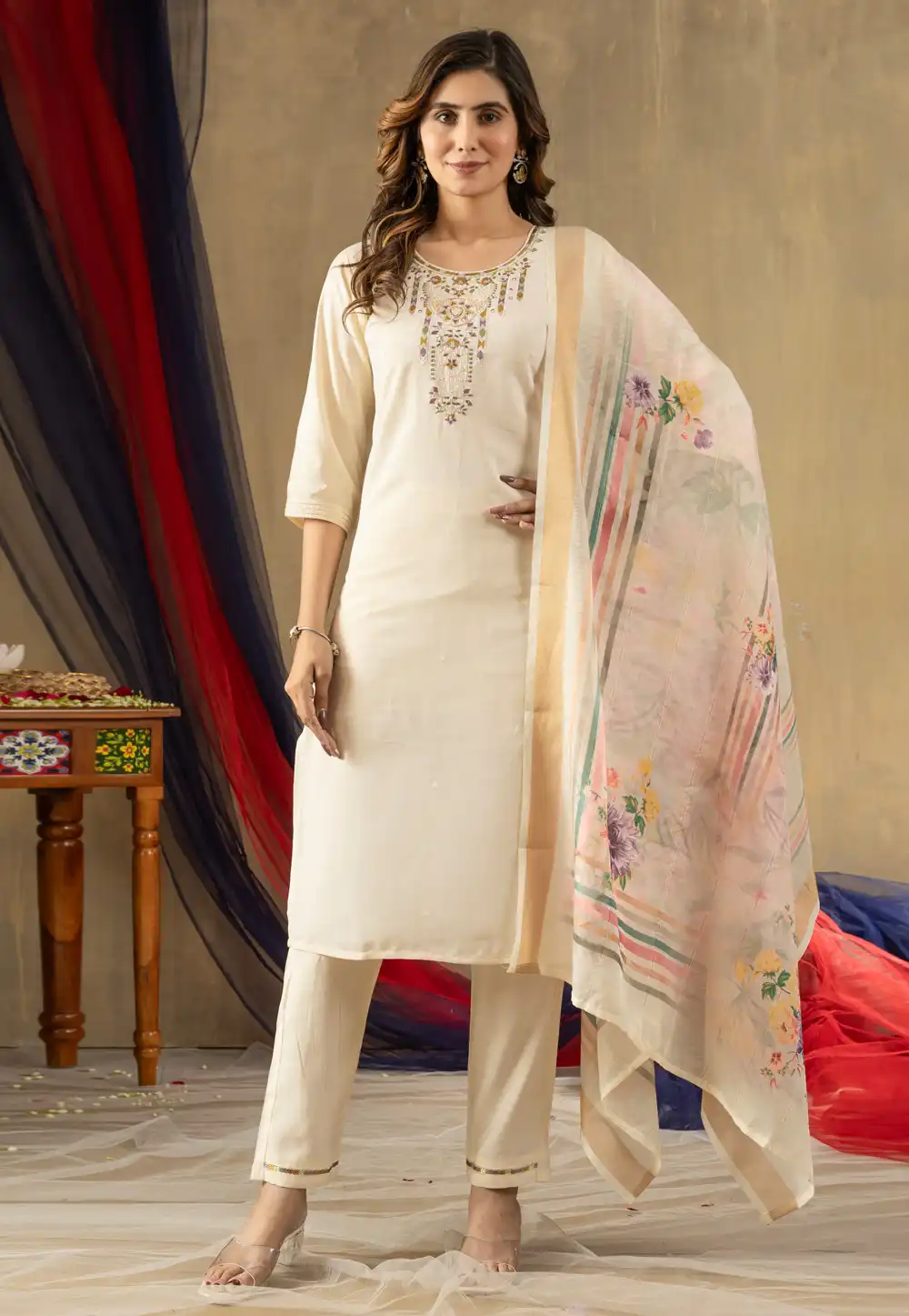 Cream Shimmer Readymade Pant Style Suit 313387