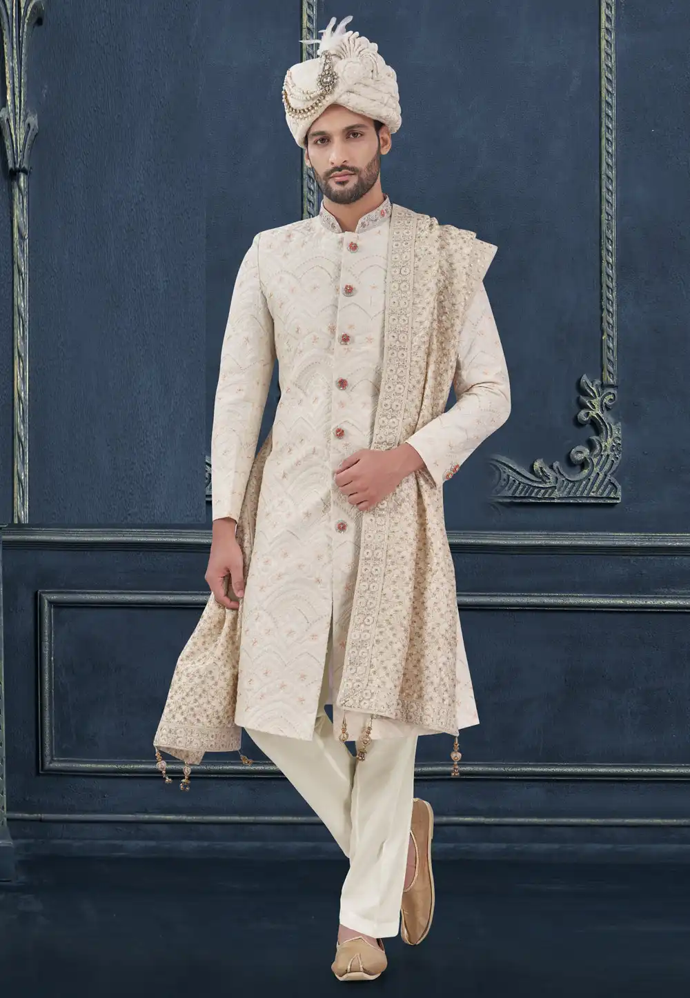 Cream Silk Achkan Style Sherwani 305184