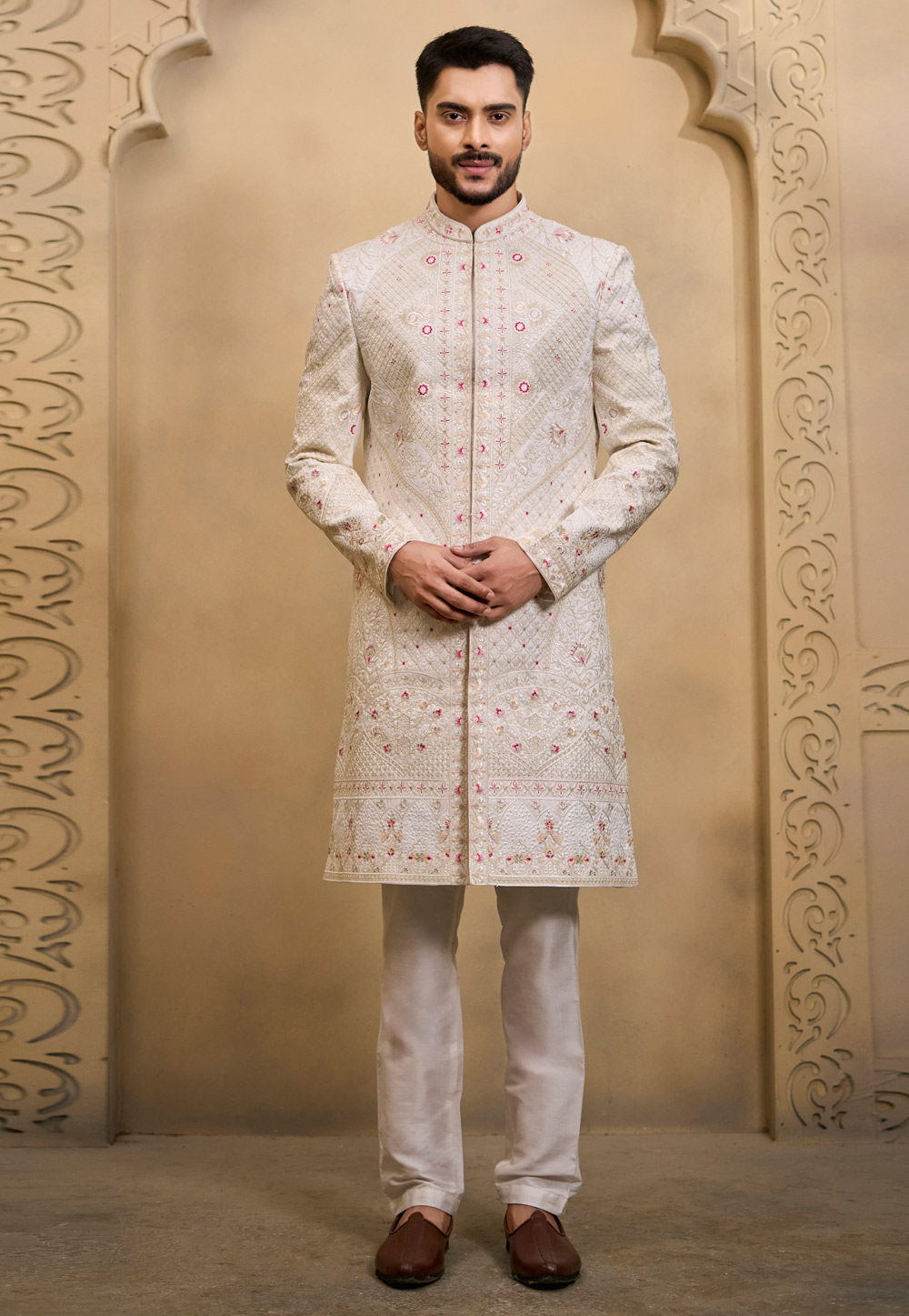 Cream Silk Achkan Style Sherwani 322494