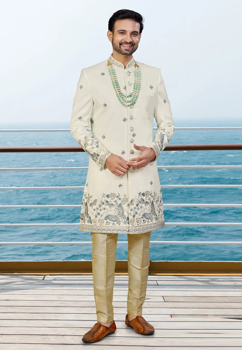 Cream Silk Achkan Style Sherwani 336940