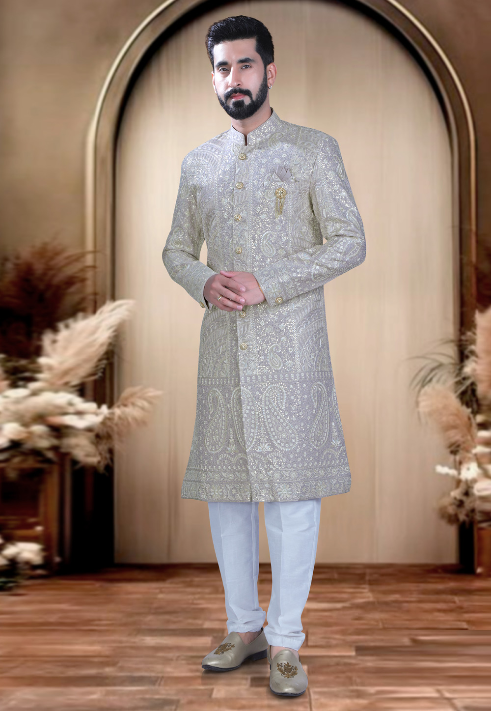 Cream Silk Achkan Style Sherwani 319651