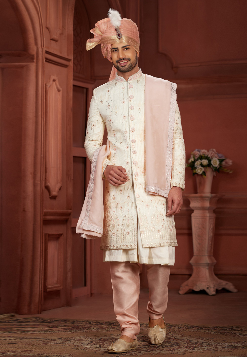 Cream Silk Anarkali Sherwani 286266