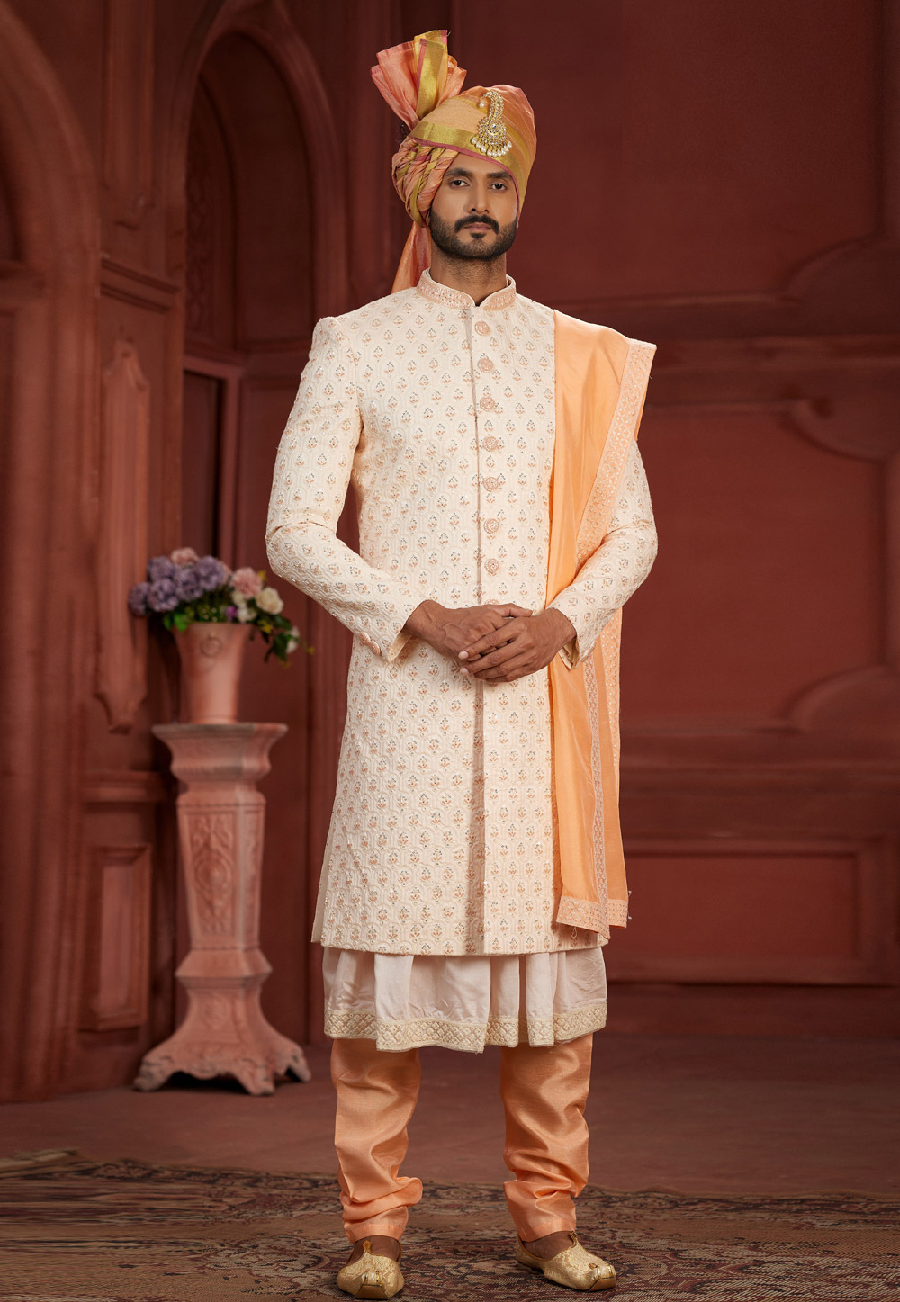Cream Silk Anarkali Sherwani 286280