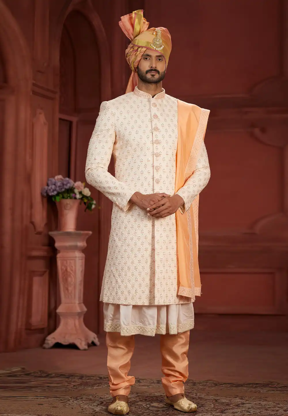 Cream Silk Anarkali Sherwani 286280