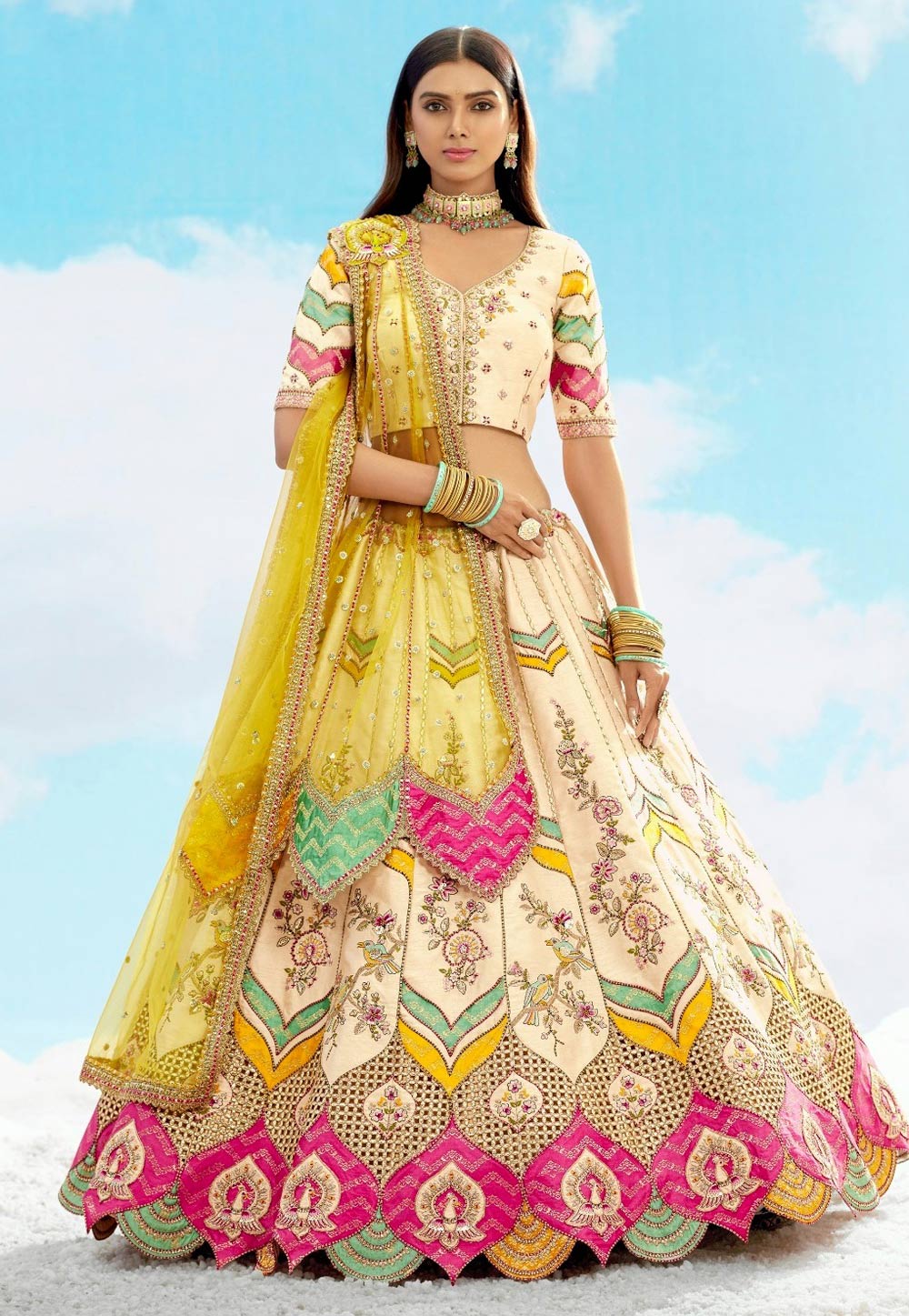 Cream Silk Circular Lehenga Choli 306610