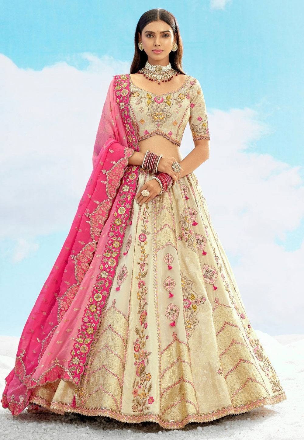 Cream Silk Circular Lehenga Choli 306614