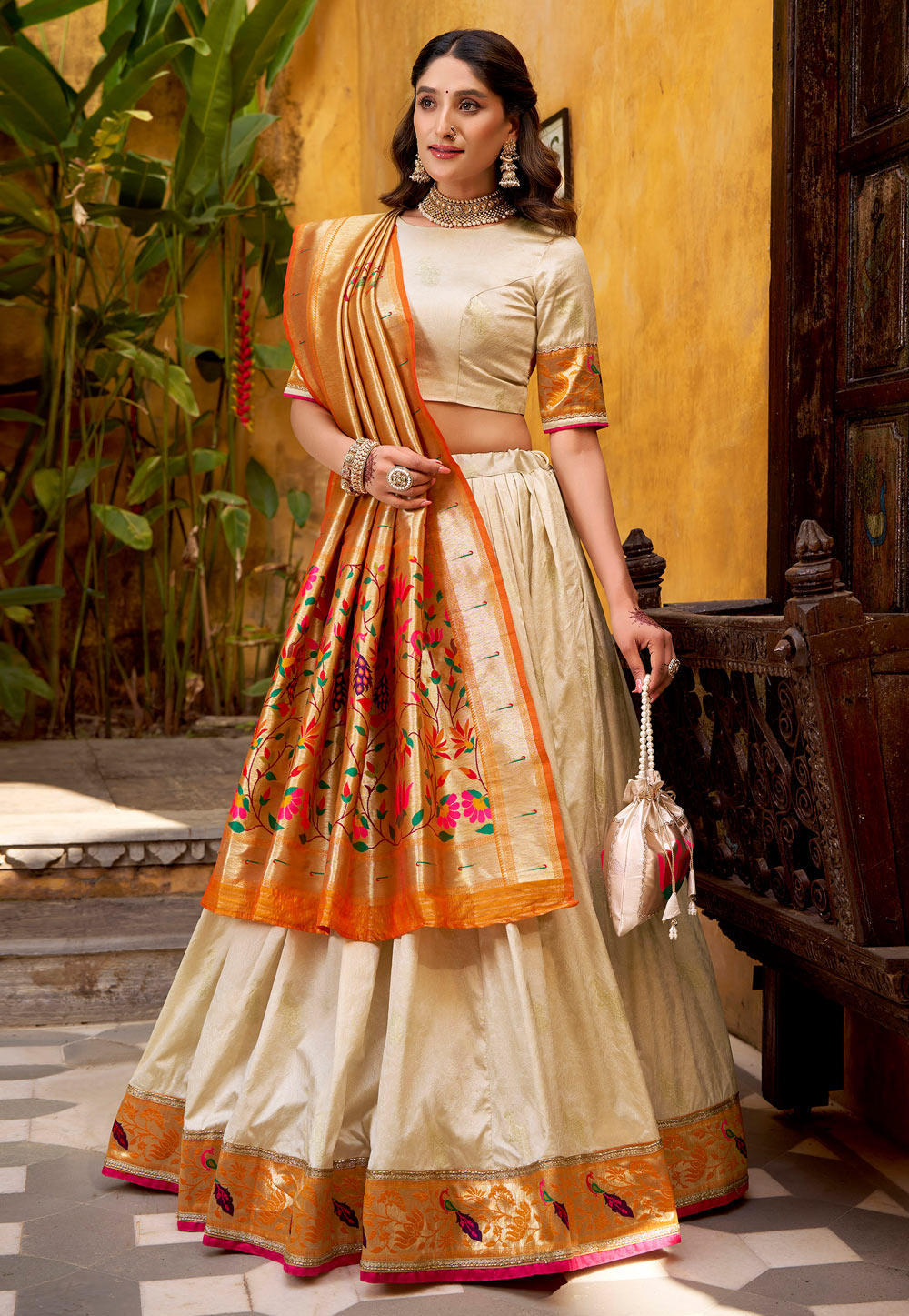 Cream Silk Circular Lehenga Choli 323921