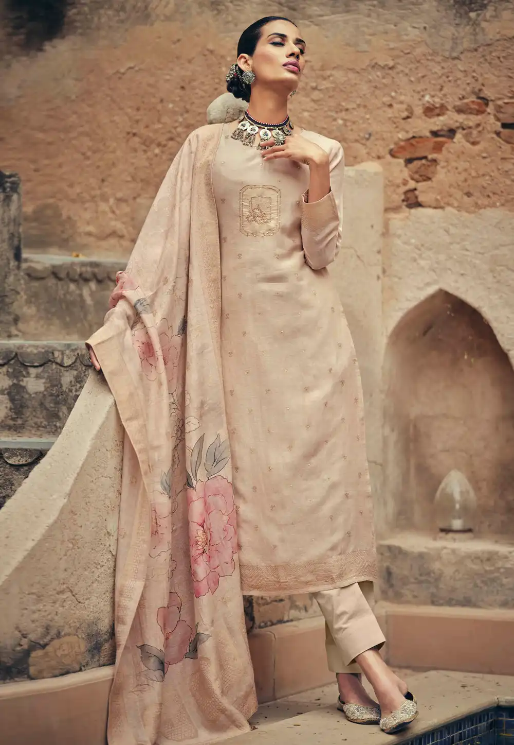 Cream Silk Cotton Pant Style Suit 328872