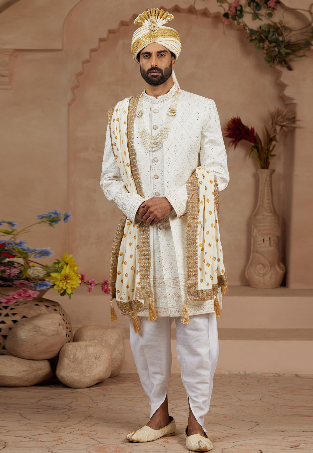 Cream Silk Dhoti Sherwani 306727