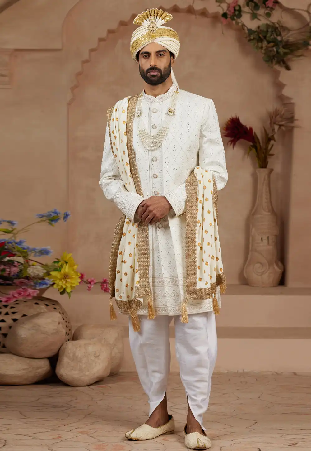 Cream Silk Dhoti Sherwani 306727