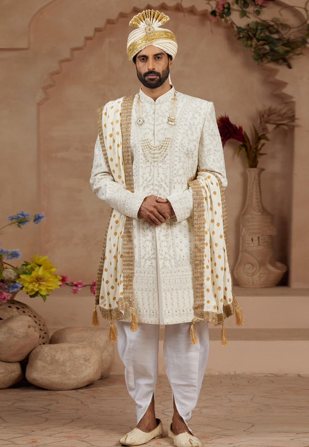 Cream Silk Dhoti Sherwani 306733