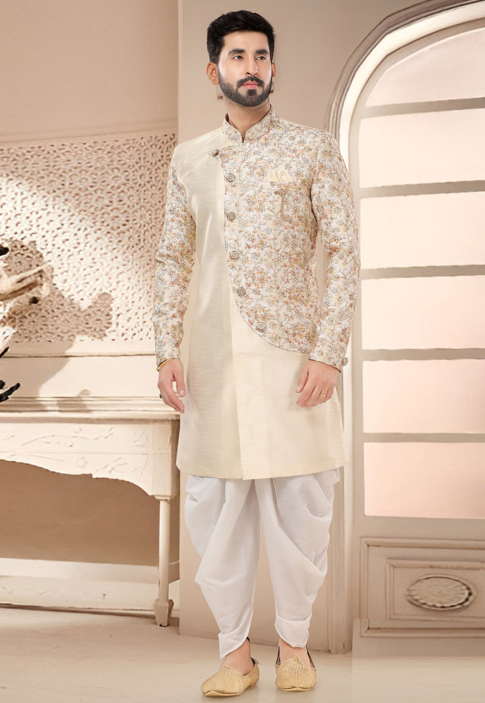 Cream Silk Dhoti Sherwani 285779