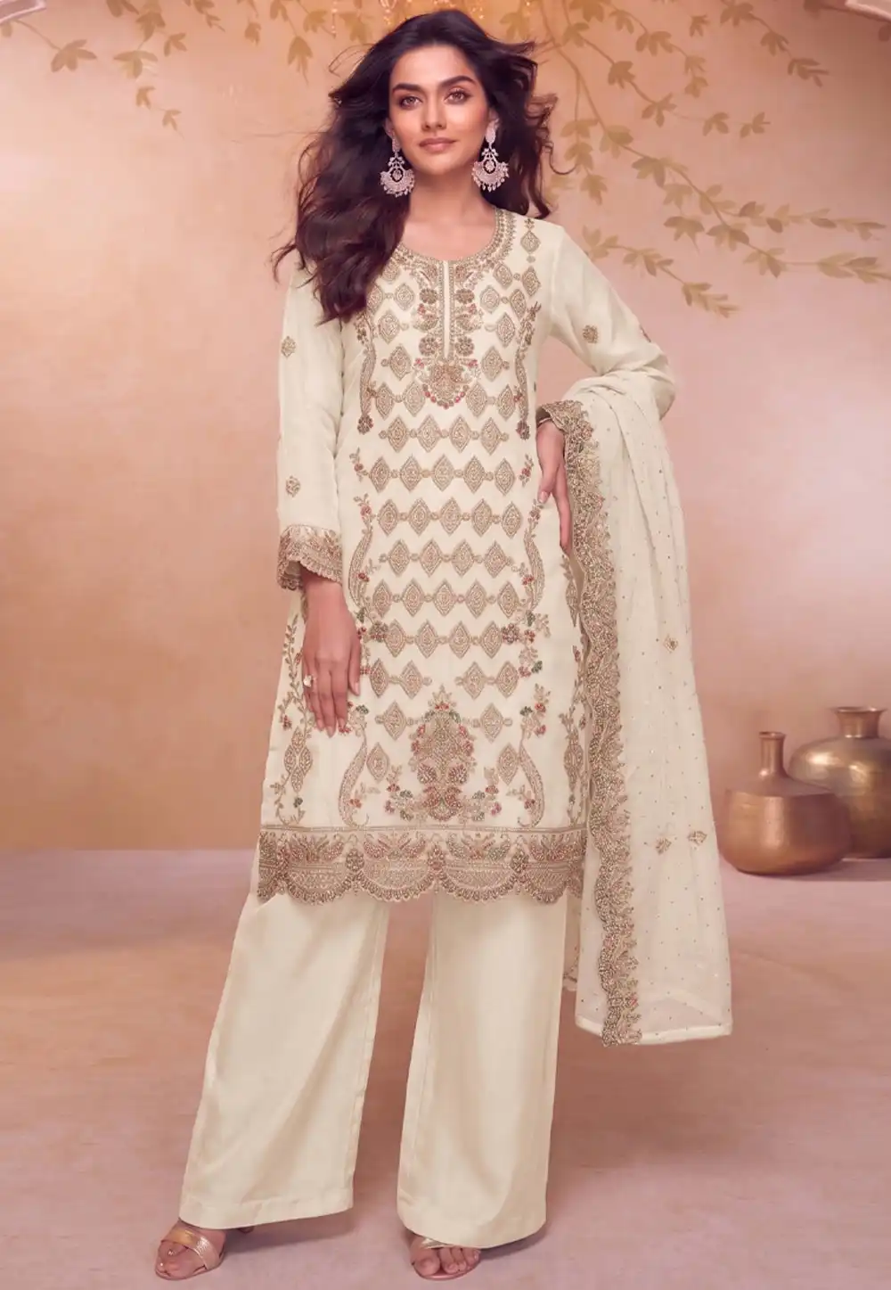 Cream Silk Embroidered Pakistani Suit 329738