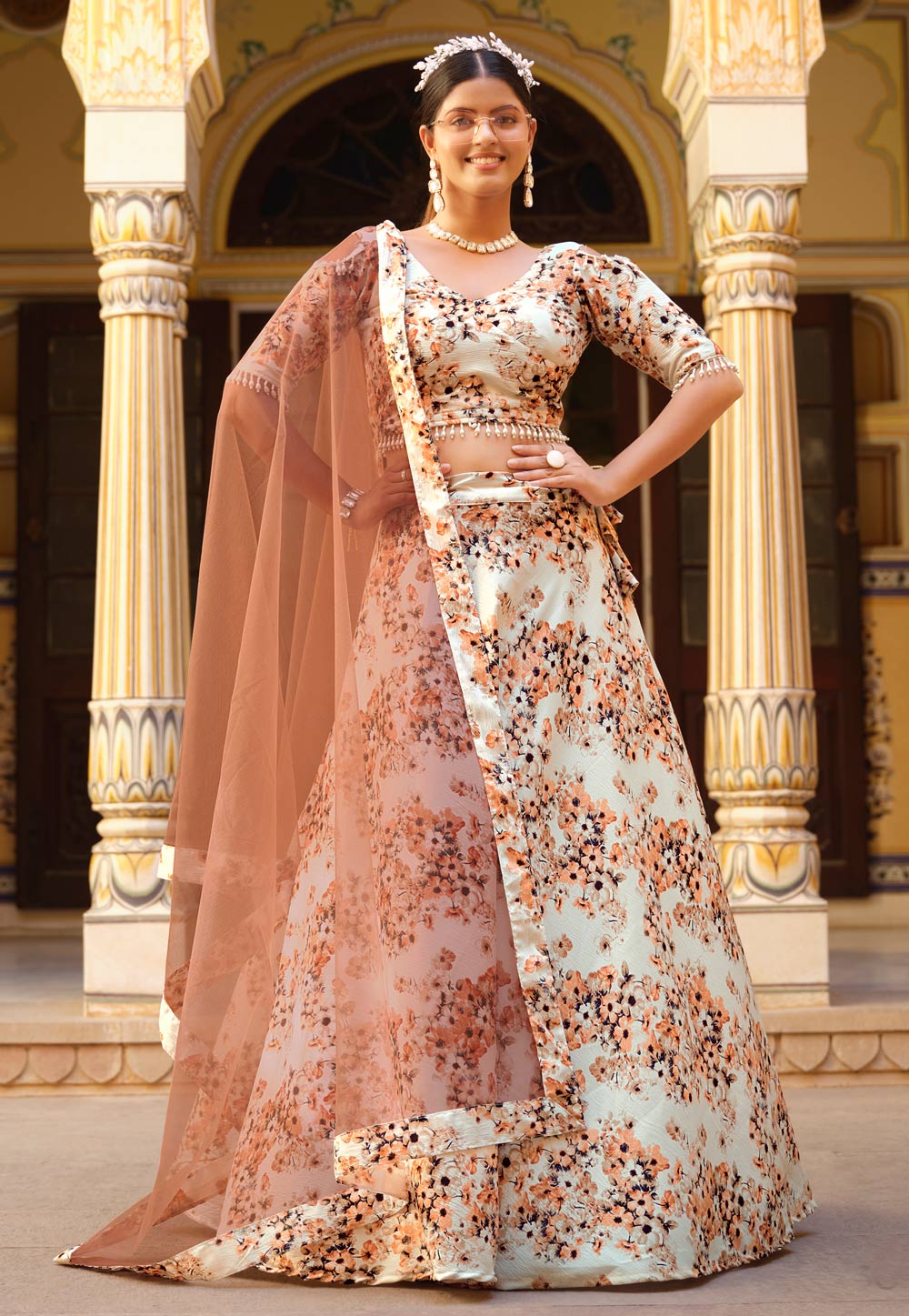 Cream Silk Floral Lehenga choli 280235