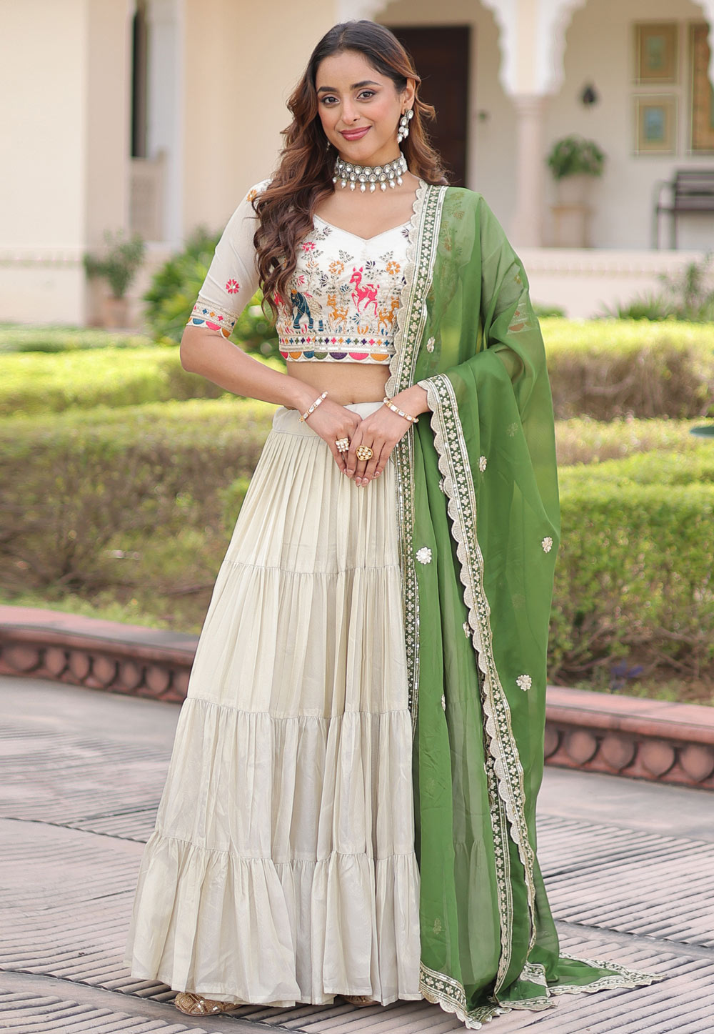 Cream Silk Frilled Lehenga Choli 323020
