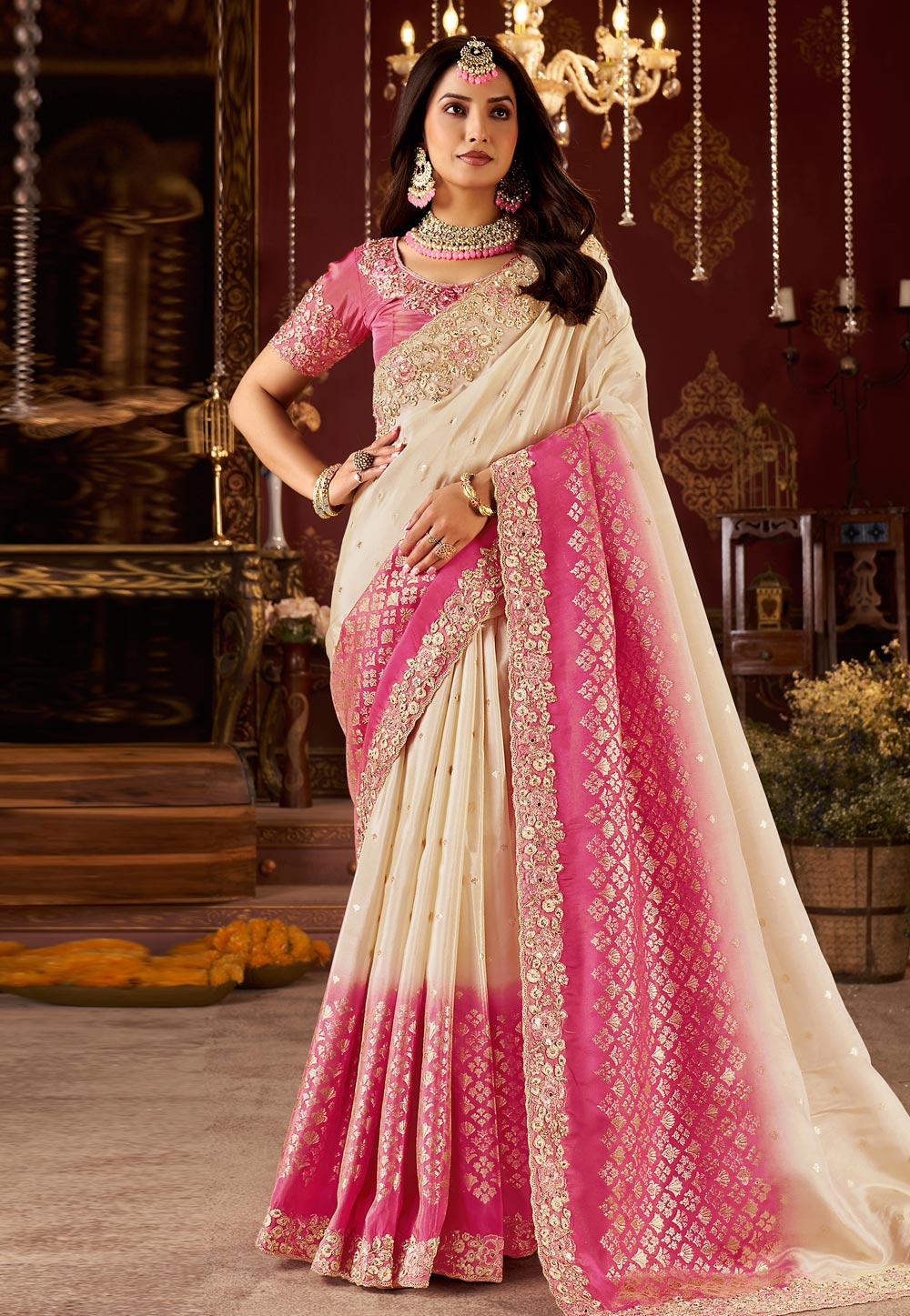 Cream Silk Half N Half Saree 321694