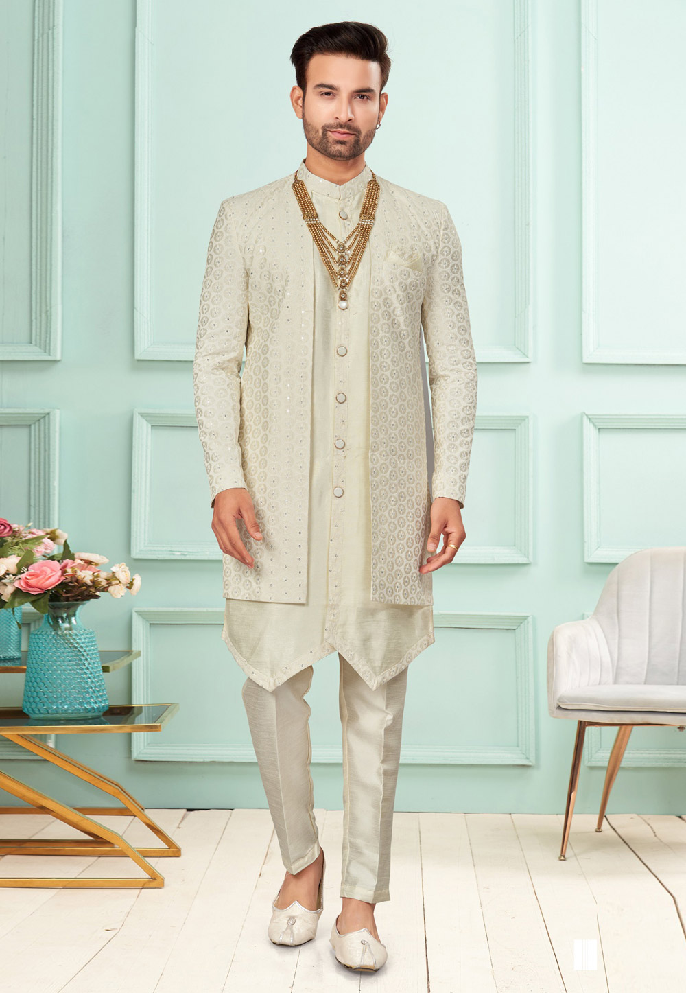 Cream Silk Indo Western Suit 283919