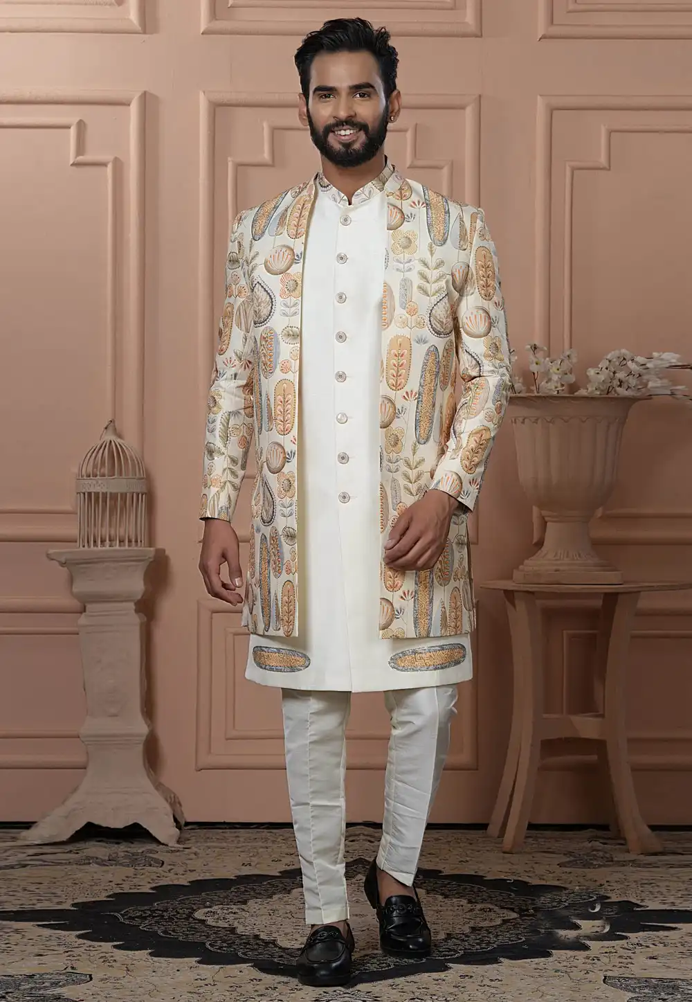 Cream Silk Indo Western Suit 315069