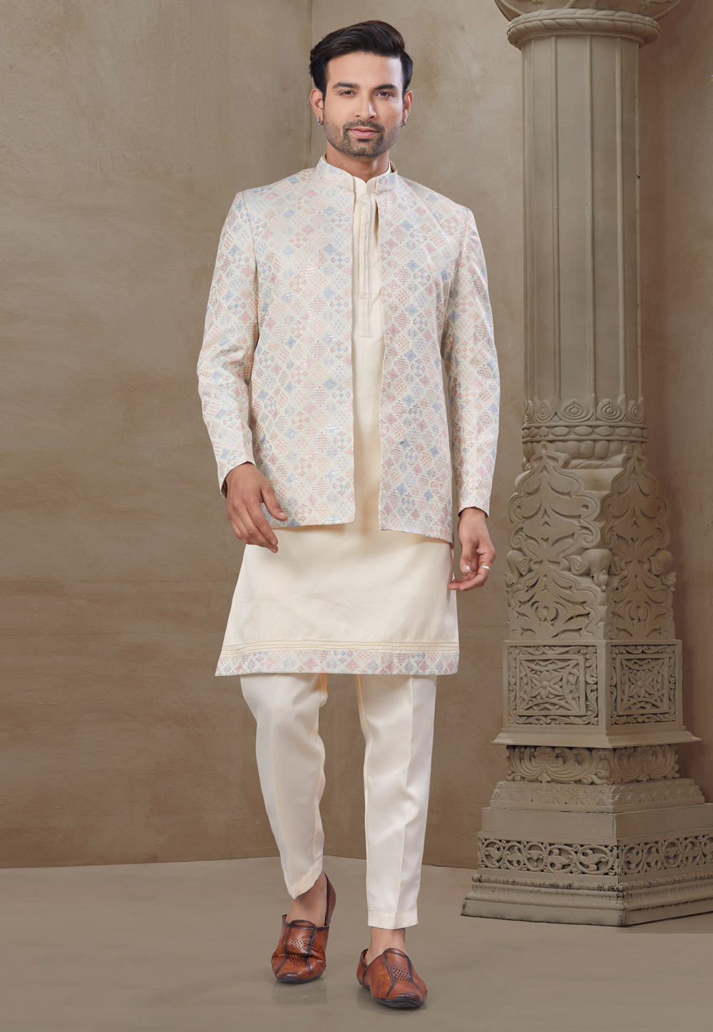 Cream Silk Indo Western Suit 306695