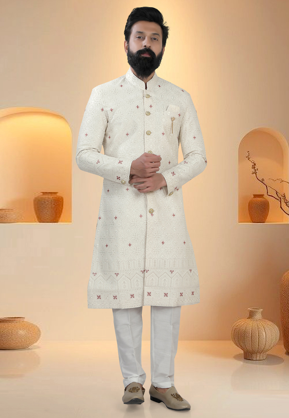 Cream Silk Indo Western Suit 321291