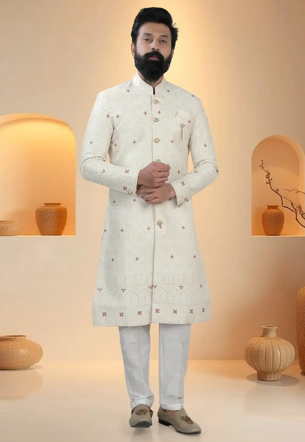 Cream Silk Indo Western Suit 321291