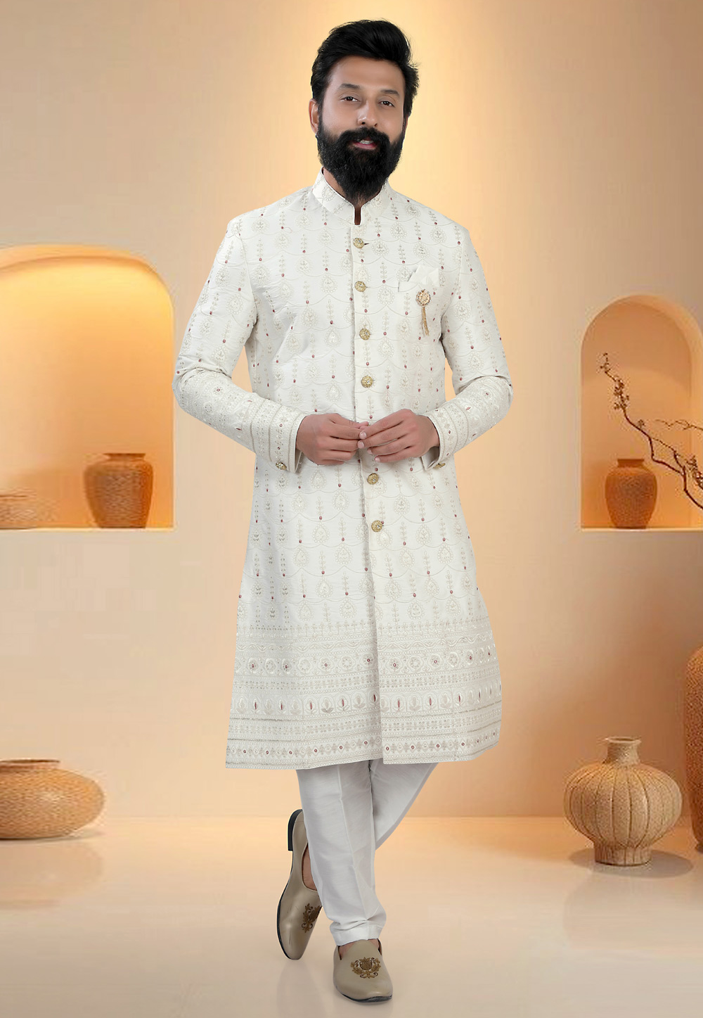 Cream Silk Indo Western Suit 321297