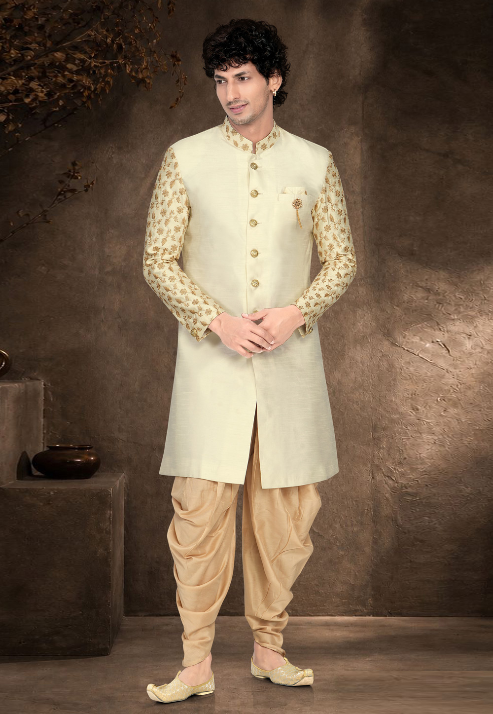 Cream Silk Indo Western Suit 329905
