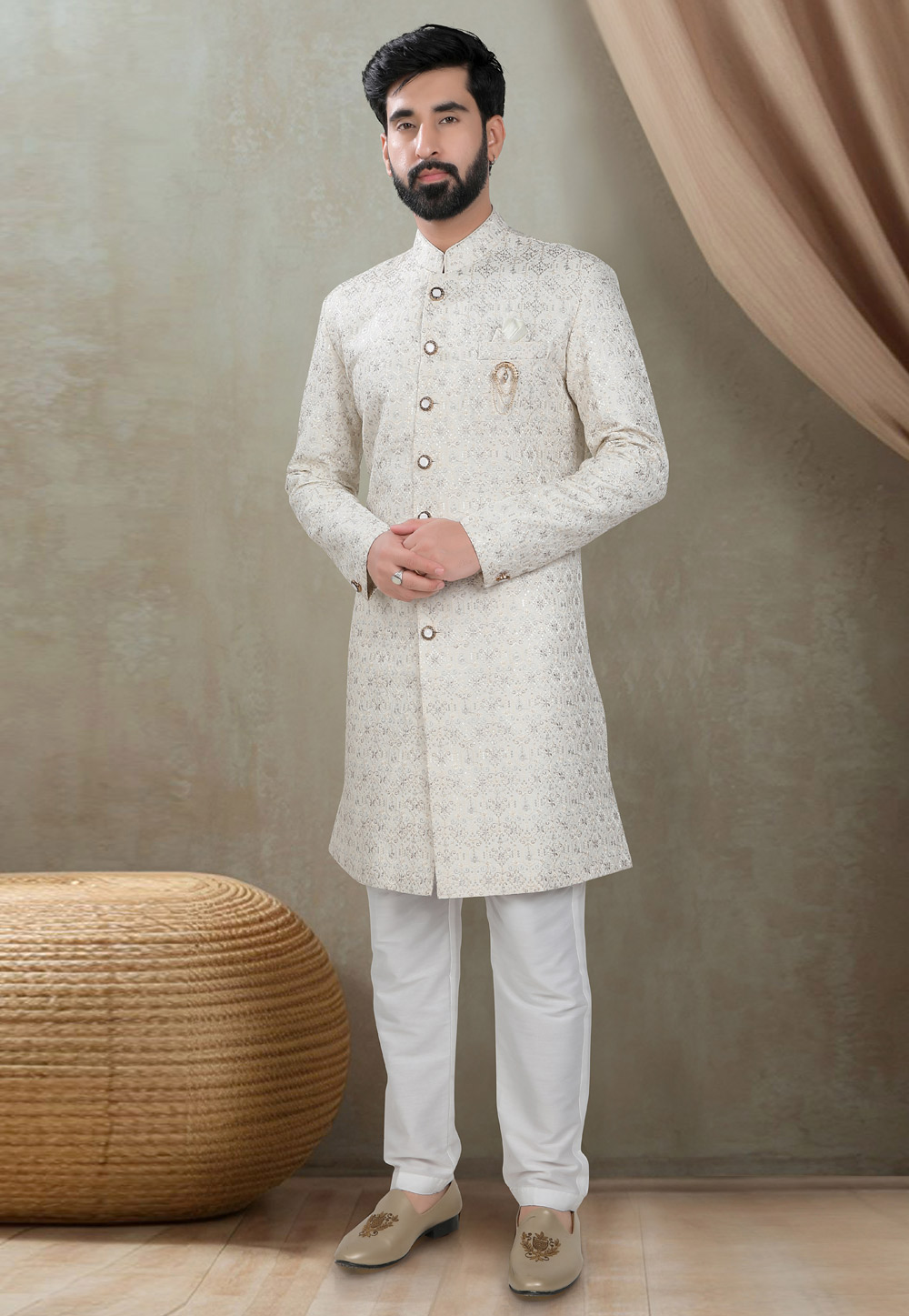 Cream Silk Indo Western Suit 311733