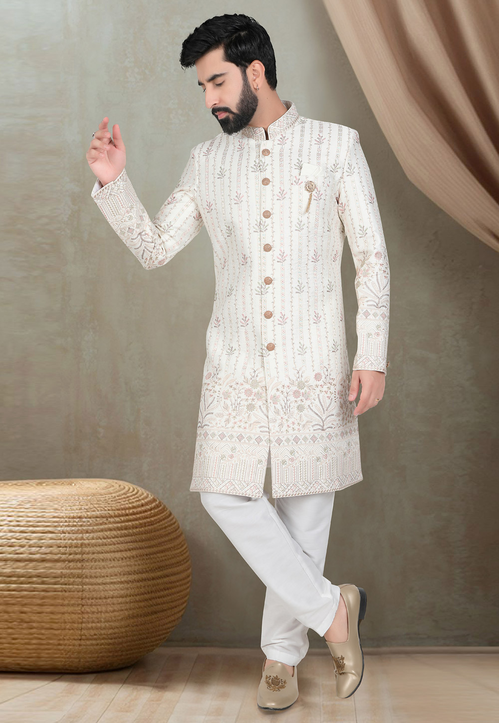 Cream Silk Indo Western Suit 311751