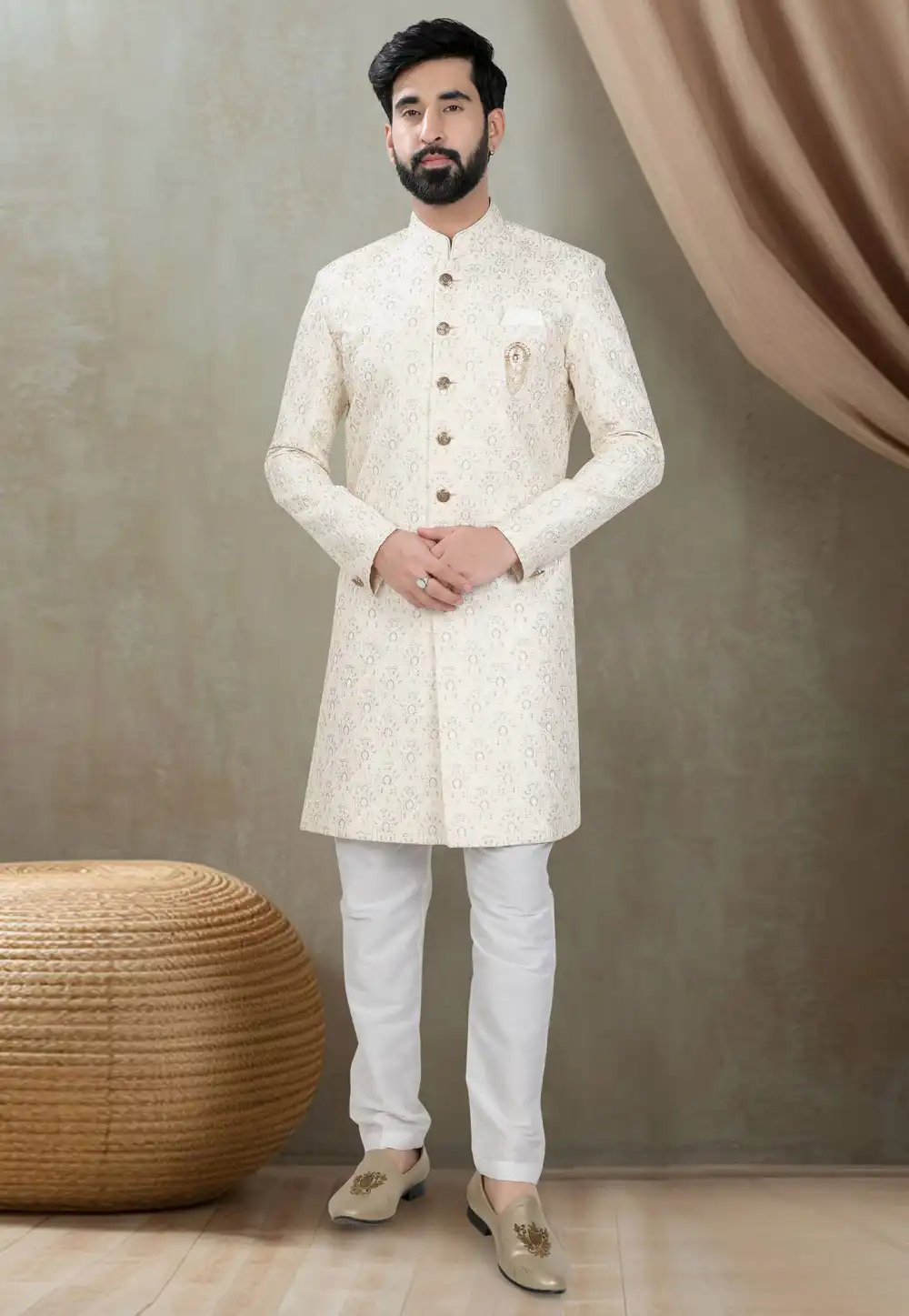 Cream Silk Indo Western Suit 311752