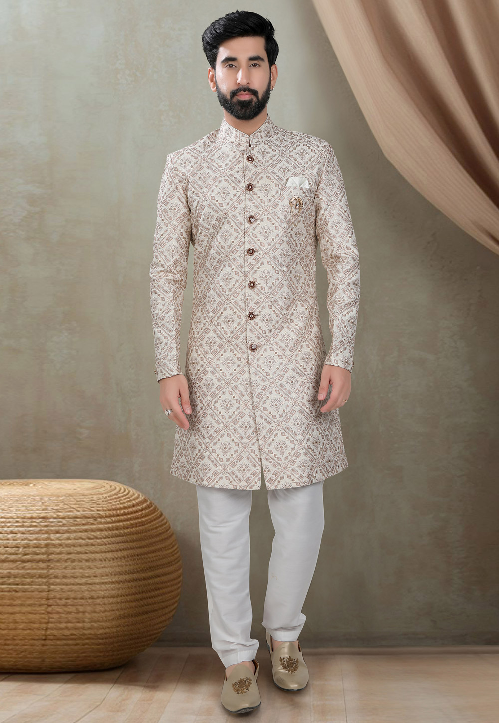 Cream Silk Indo Western Suit 311757