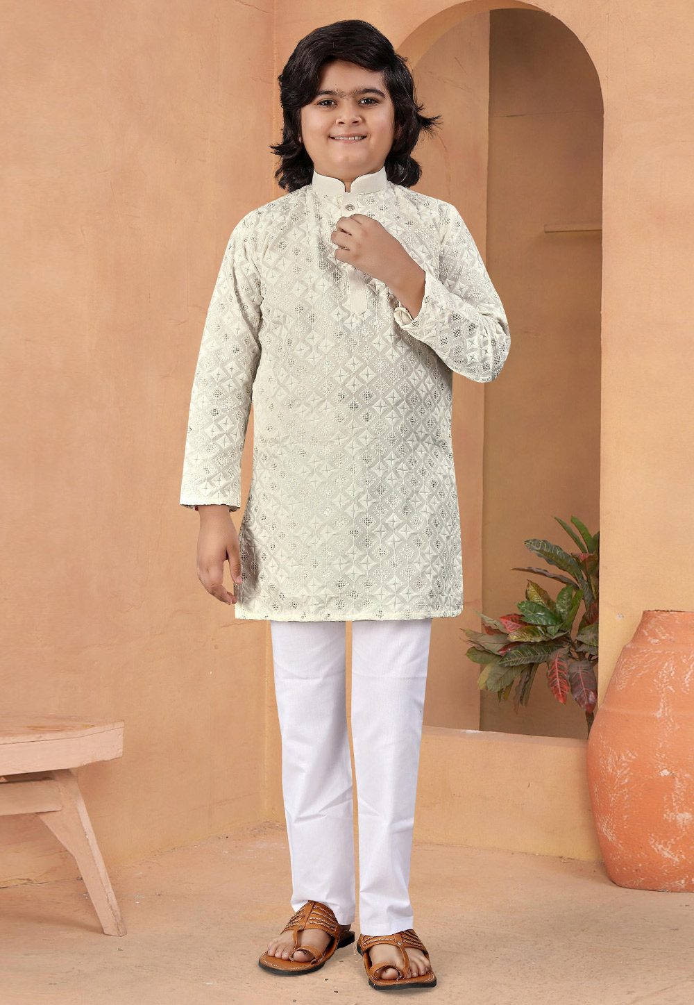 Cream Silk Kids Kurta Pajama 315708