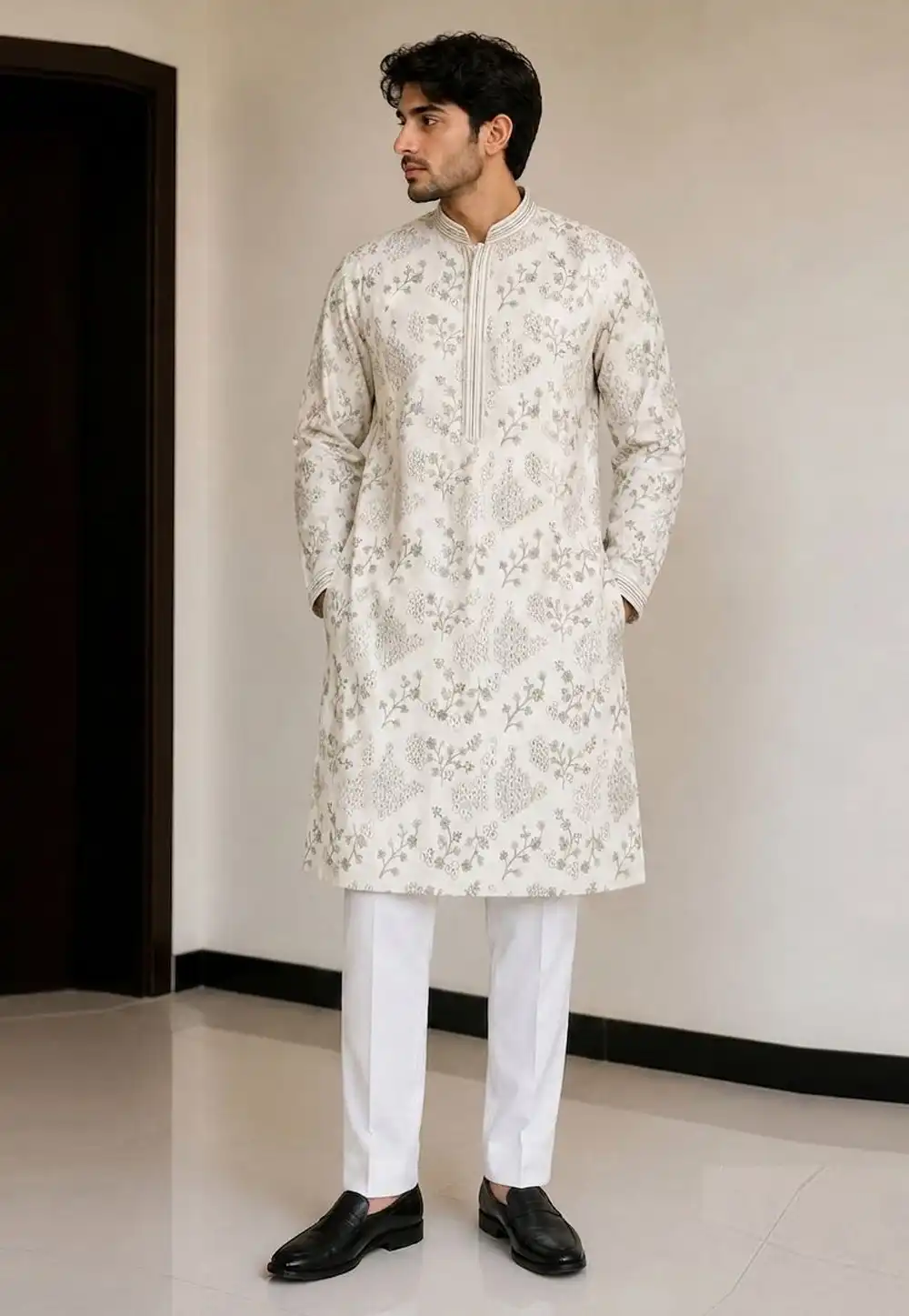 Cream Silk Kurta Pajama 328823