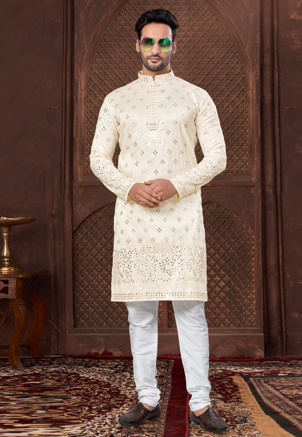 Cream Silk Kurta Pajama 307657
