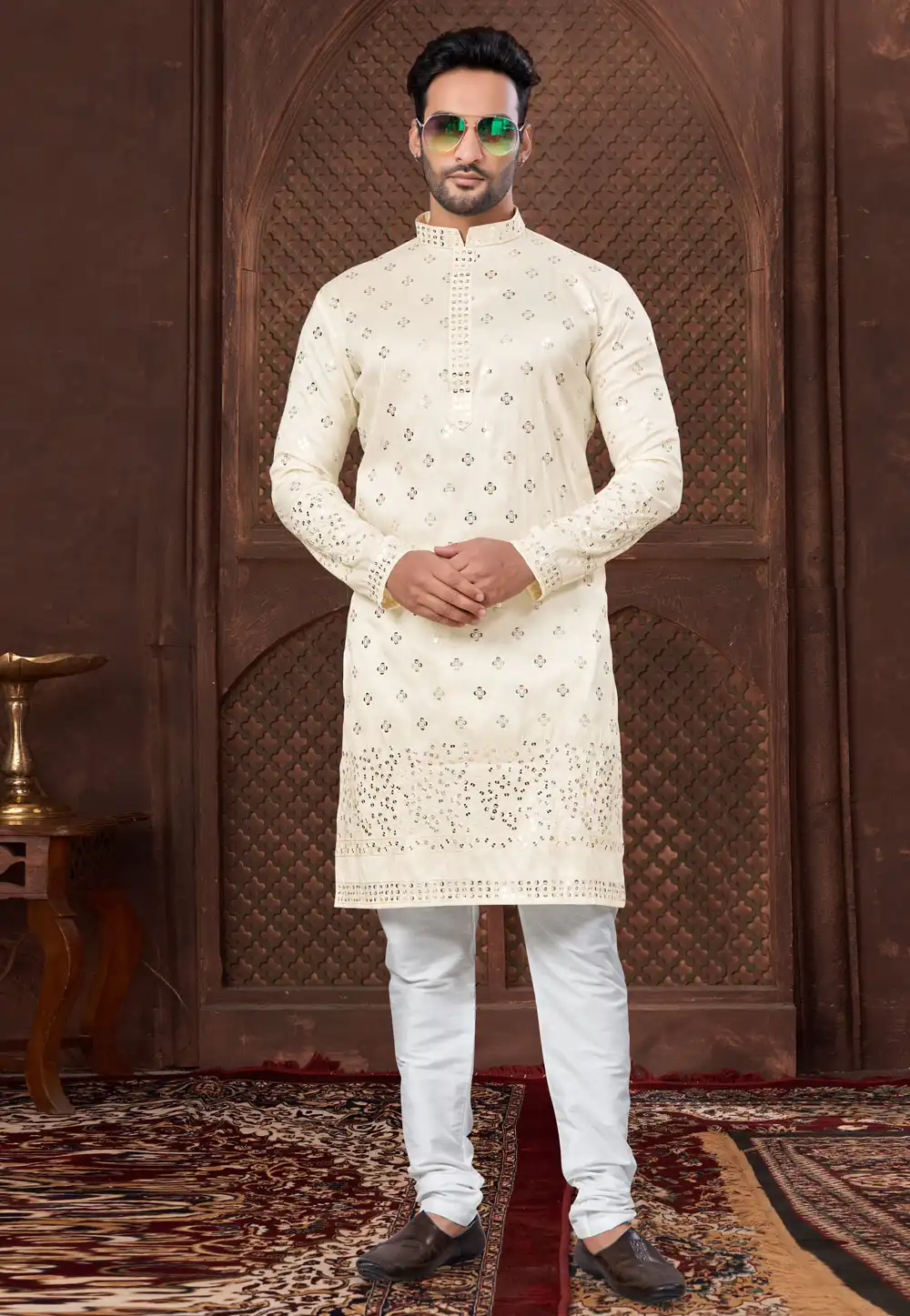 Cream Silk Kurta Pajama 307657