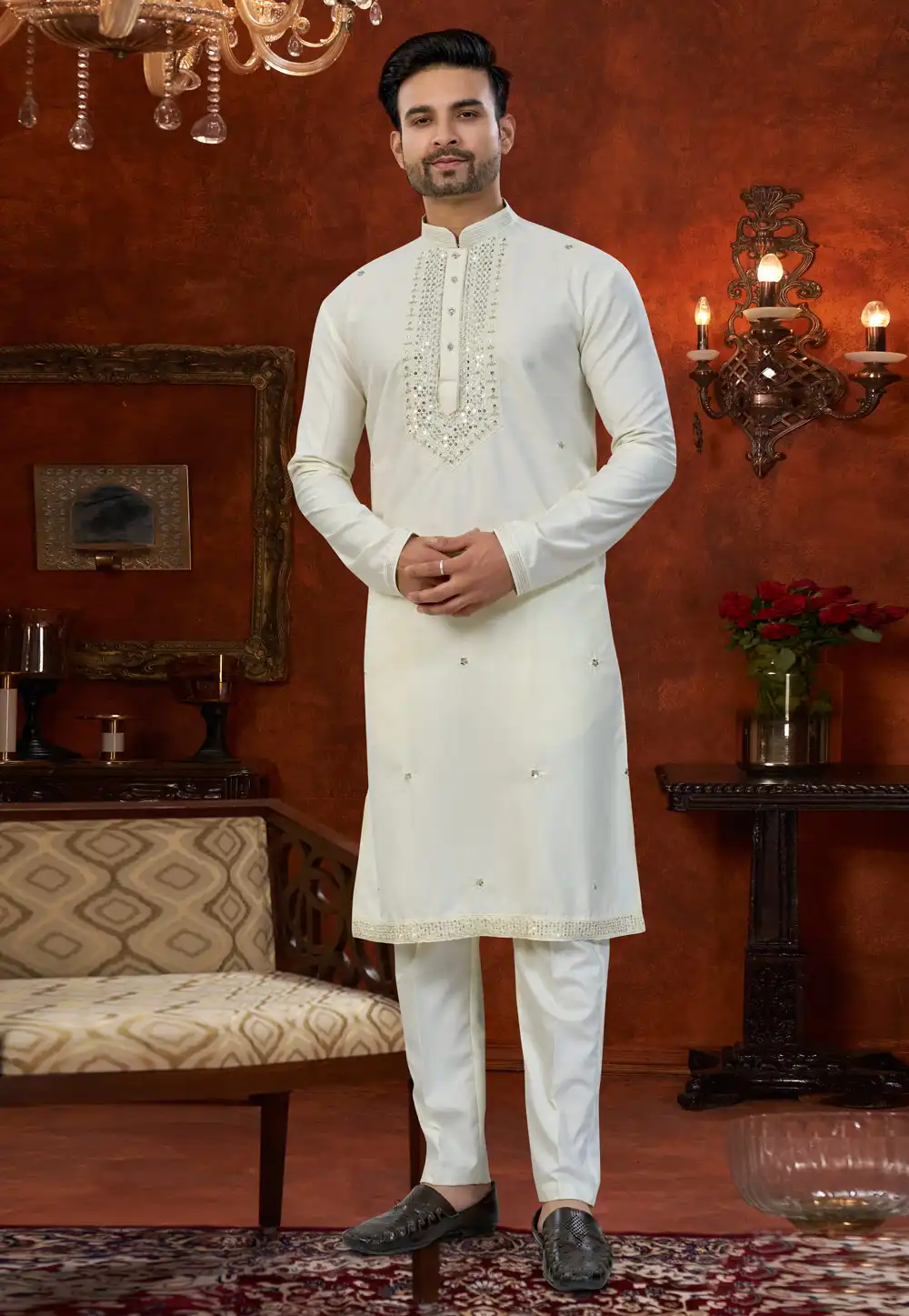 Cream Silk Kurta Pajama 324606