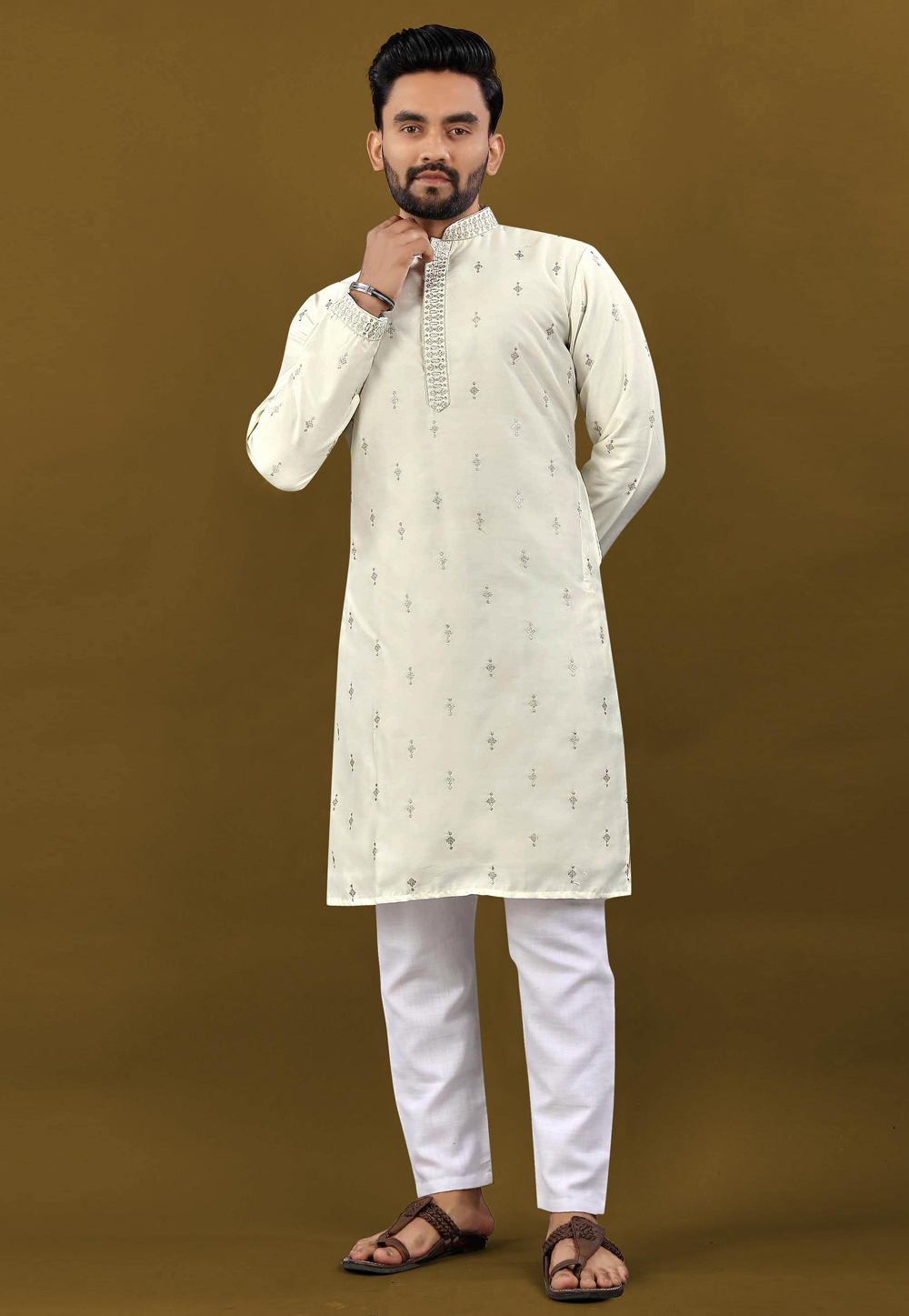 Cream Silk Kurta Pajama 306039