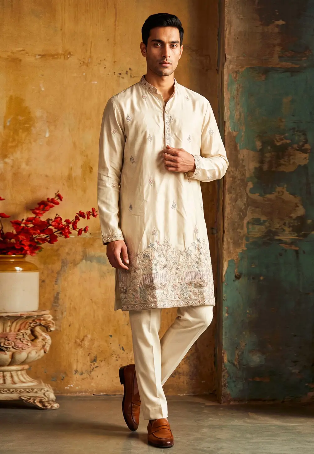 Cream Silk Kurta Pajama 336192