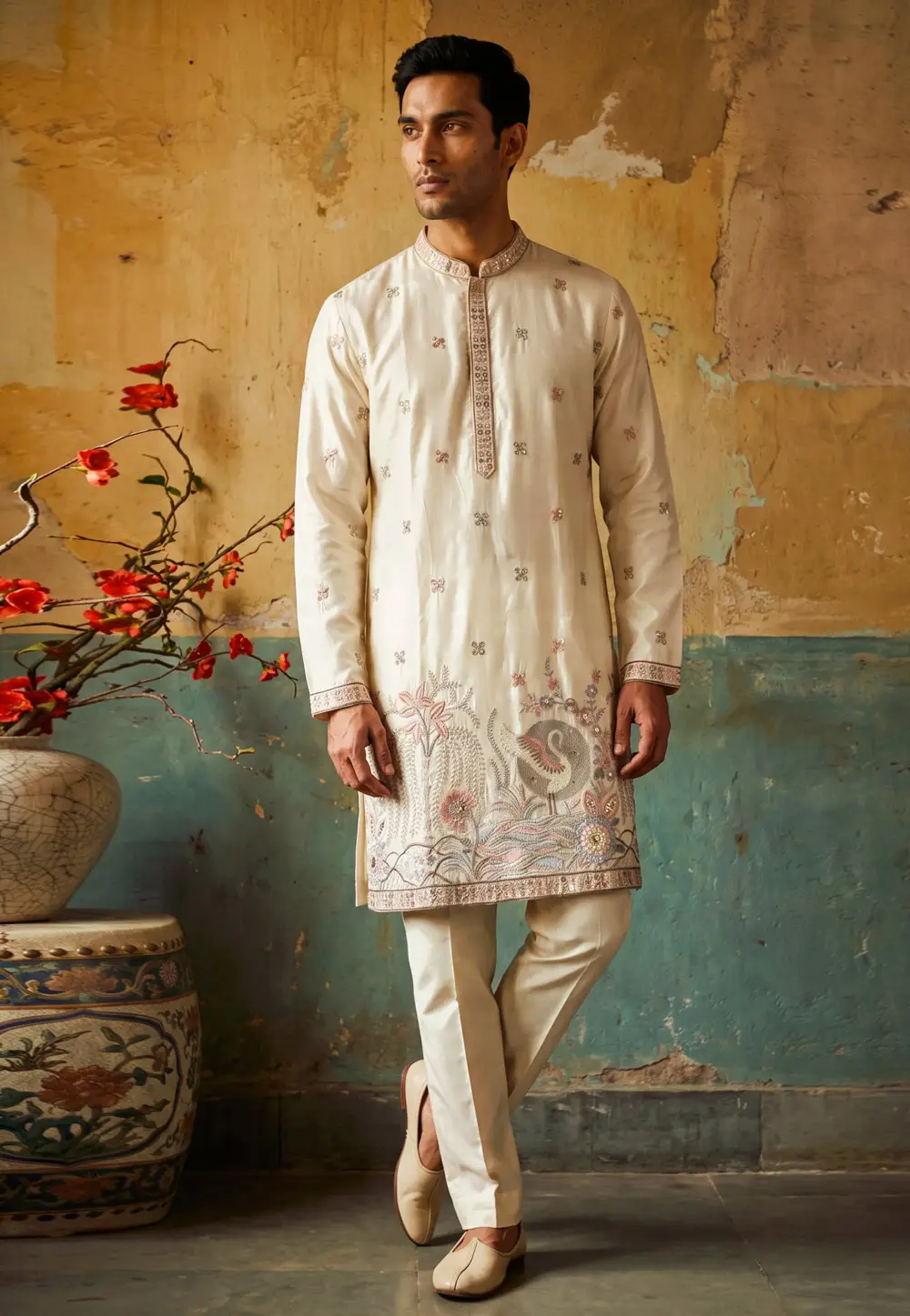 Cream Silk Kurta Pajama 336194