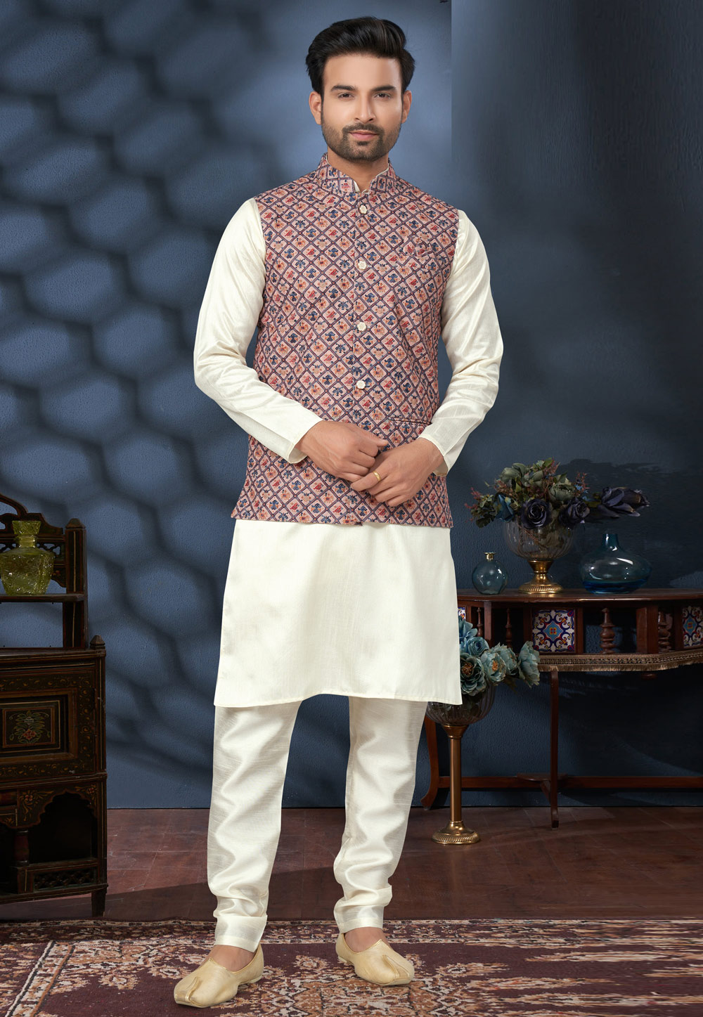 Cream Silk Kurta Pajama With Jacket 280993