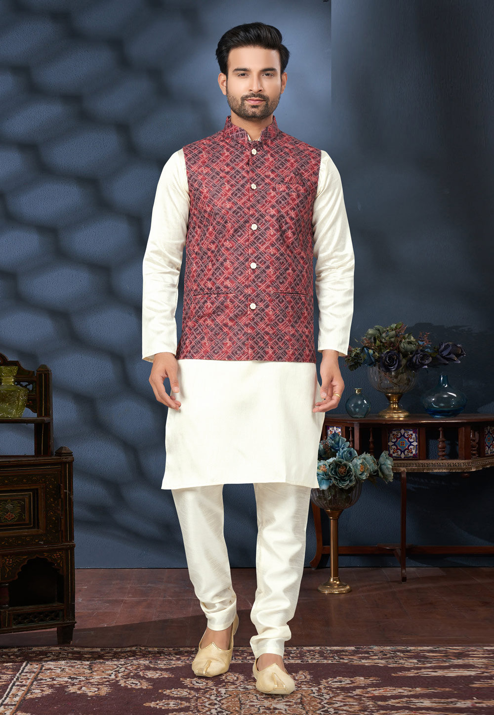 Cream Silk Kurta Pajama With Jacket 280994