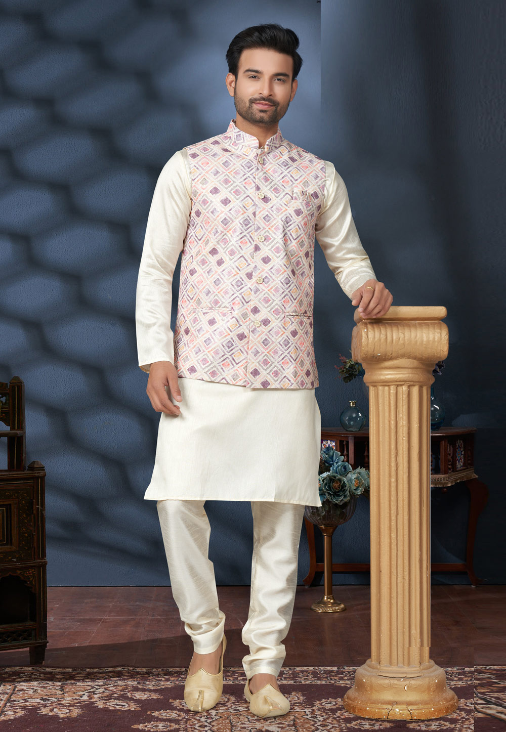 Cream Silk Kurta Pajama With Jacket 280996