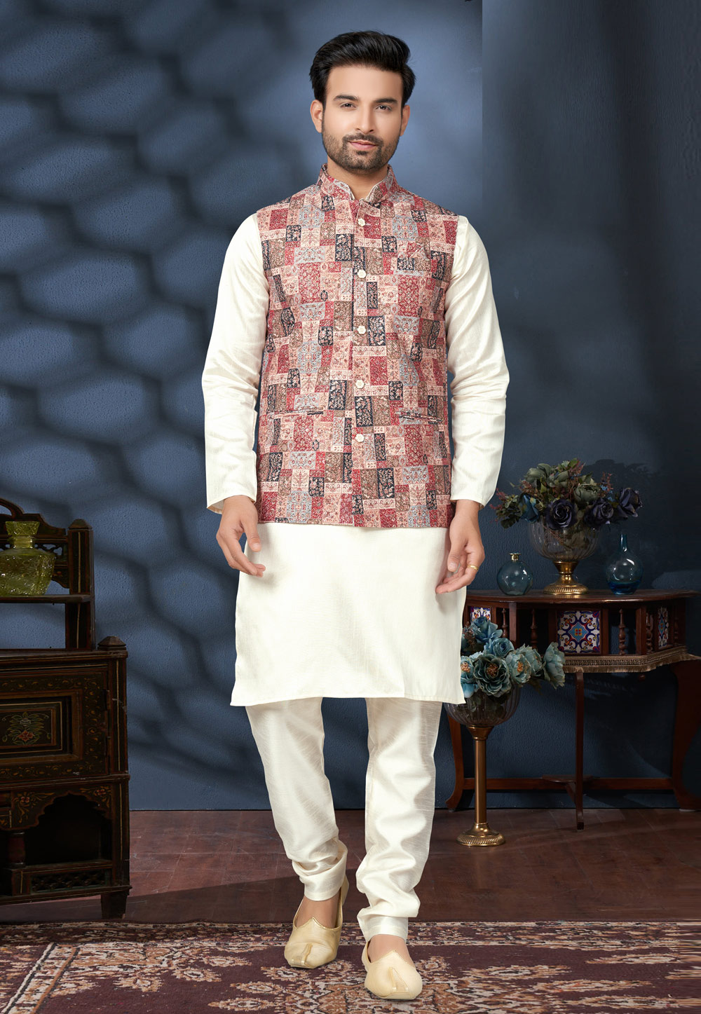 Cream Silk Kurta Pajama With Jacket 280997