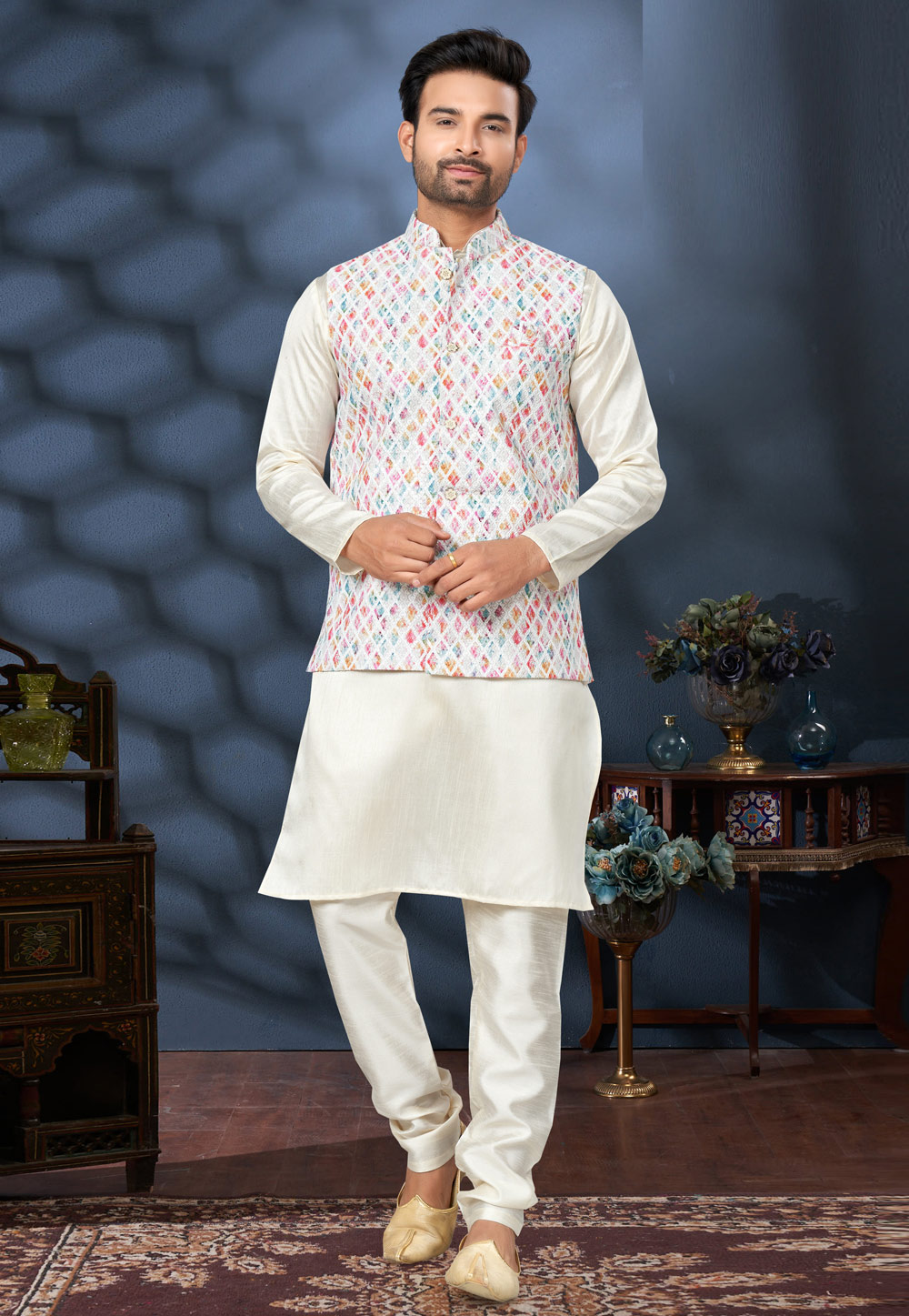 Cream Silk Kurta Pajama With Jacket 280998