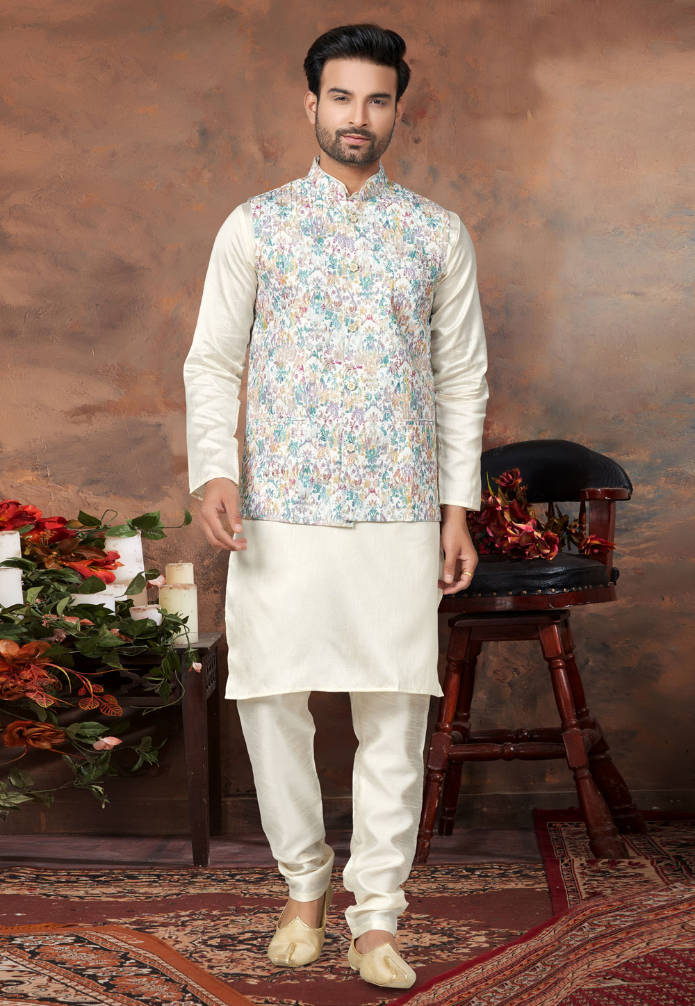 Cream Silk Kurta Pajama With Jacket 278697