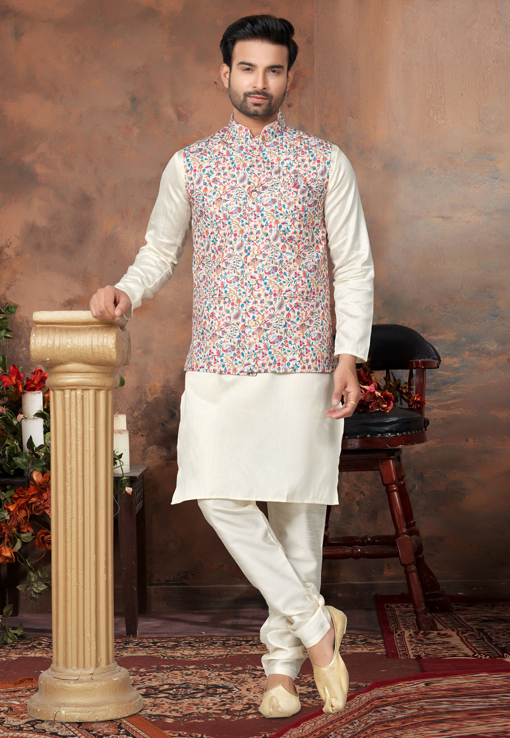 Cream Silk Kurta Pajama With Jacket 278698