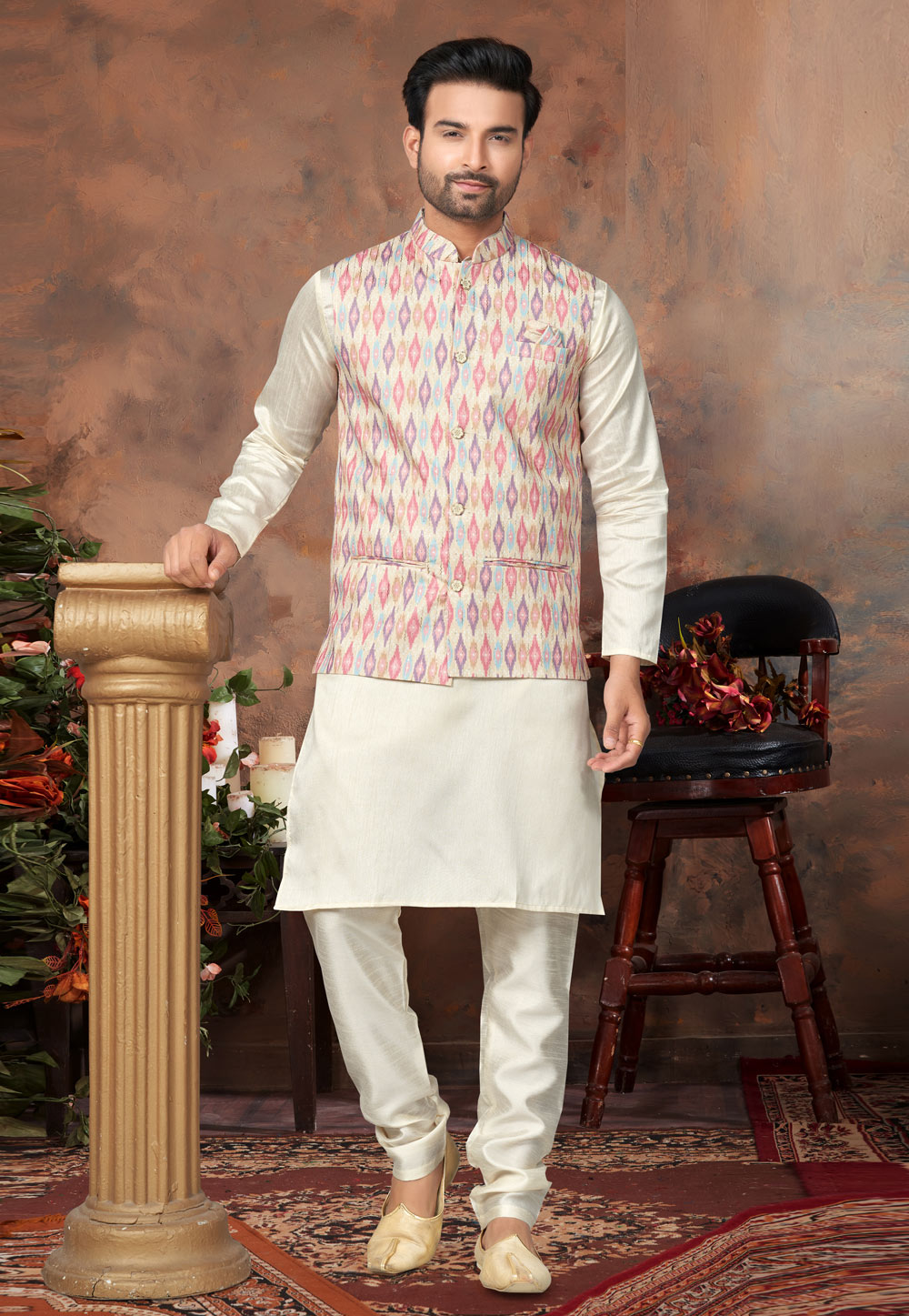 Cream Silk Kurta Pajama With Jacket 278699