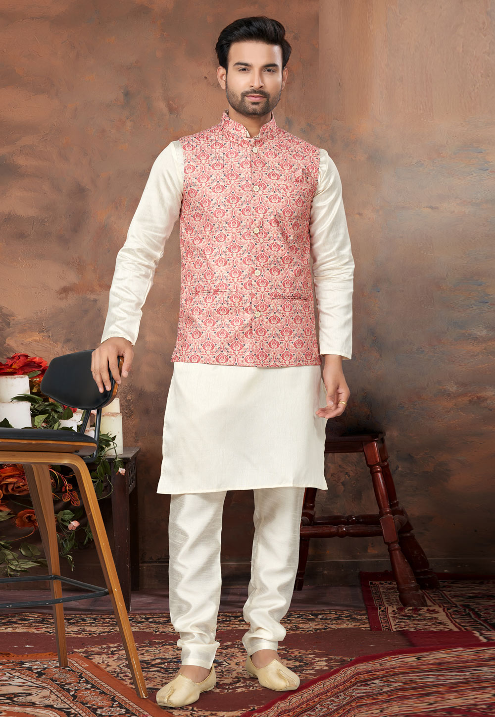 Cream Silk Kurta Pajama With Jacket 278701