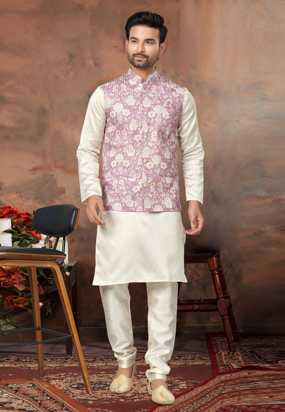 Cream Silk Kurta Pajama With Jacket 278702